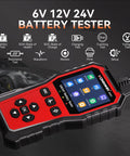 All-In-One 6V 12V 24V Battery Tester For Cars, Trucks, And Bikes With Built-In Reverse Polarity Protection, Test Range 10-2000 CCA Across Flooded, AGM, Gel, EFB, And Lithium. handheld tester with display and buttons