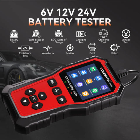 All-In-One 6V 12V 24V Battery Tester For Cars, Trucks, And Bikes With Built-In Reverse Polarity Protection, Test Range 10-2000 CCA Across Flooded, AGM, Gel, EFB, And Lithium. handheld tester with display and buttons