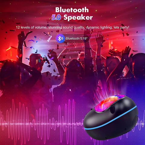 Aurora 4 In 1 Galaxy Star Projector With Bluetooth Speaker in party setting with colorful lights and music waves, dynamic atmosphere