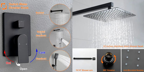 Matte Black Shower Faucet Set With 10 Inch Stainless Steel Rainfall Head, Pressure Balance Valve Cartridge, Rough in Valve Trim Kit, And Shower Fixture Combo, cUPC Certified, Lifetime Warranty, showing rainfall head and control panel.
