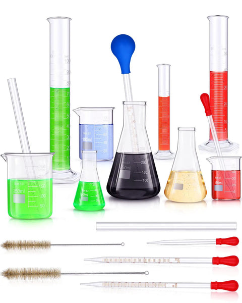 18 Piece All In One Hands On Lab Glassware Set For Experiments With 3 Glass Beakers 3 Erlenmeyer Flasks 3 Graduated Measuring Cylinders Droppers Brushes And Glass Stirring Rods Perfect For Classrooms Home Labs And DIY Science Projects displayed with colorful contents