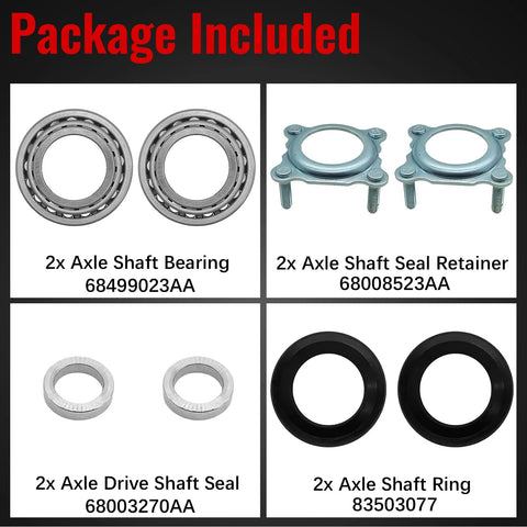 Rear Axle Bearing and Seal Kit for Wrangler JK 3.6L 2012 2017 and 3.6L 2018 3.8 2007 2011 8 piece set components visible