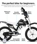 Motocross Style 16 Inch Kids Bike For Boys And Girls Ages 4 Through 7 With Training Wheels Number Plate Water Bottle And Fenders Rad Safe Fun Easy Ride For Little Riders Black, side view with features labeled.