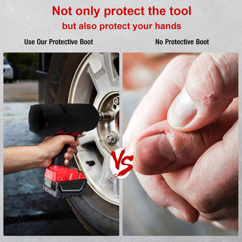 Rugged Protective Boot For M18 FUEL One Half High Torque Impact Wrench 2767-20 And ONEKEY 2863-20 shown in use and effects on hand.
