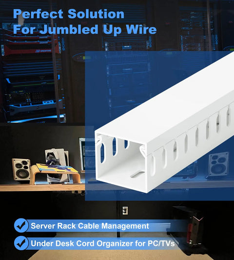 66 Inch Open Slot Cable Management Raceway Kit for under desk wiring, white PVC, shown in a workspace with server rack and desk setup