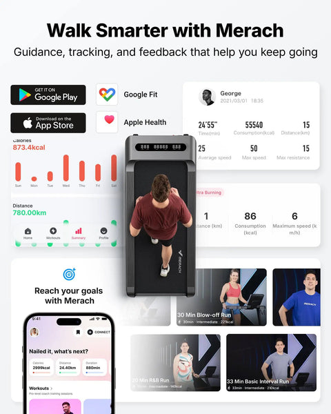 Heavy Duty Under Desk Walking Pad Treadmill With Auto Incline Smooth Glide Motor For Your Home Office Setup showing user exercising with fitness app.