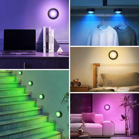 Four Pack Puck Lights With 13 Color Changeable LEDs, Battery Powered Dimmable Under Cabinet Lights With Remote in use