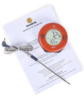 DOT Alarm Thermometer For Chefs One Touch Temperature Target Quick Reliable Kitchen Probe displayed with calibration certificate.