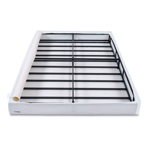Rock Solid Queen Box Spring Bed Base With Low Profile Design, Heavy Duty Steel Mattress Foundation For All Types, Tool Free Assembly And No Sweat Setup, Built Different Support Up To Seven Hundred Pounds, White, view of steel frame and zip cover.
