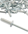 Large Flange Aluminum Blind Rivets Kit, 50 Pcs, One Quarter By Three Quarter Inch Pop Rivets scattered on white surface
