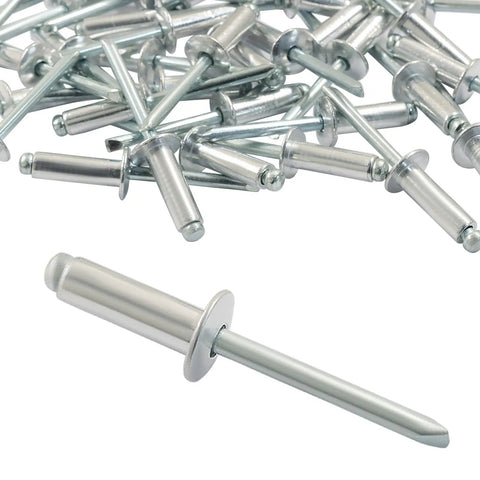 Large Flange Aluminum Blind Rivets Kit, 50 Pcs, One Quarter By Three Quarter Inch Pop Rivets scattered on white surface