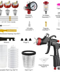 Pro Grade Lvlp Automotive Paint Spray Gun Featherweight Champion with nozzles, pressure regulator, cleaning tool, and paint cup set.