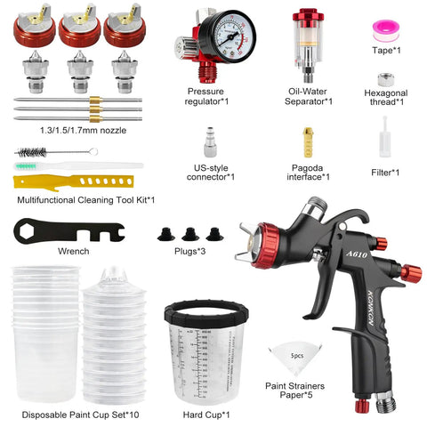 Pro Grade Lvlp Automotive Paint Spray Gun Featherweight Champion with nozzles, pressure regulator, cleaning tool, and paint cup set.