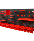 Wall Mounted 30 Bin Parts Organizer Rack with panels, tool holders and hooks, shown with red bins and black panel for garage storage.