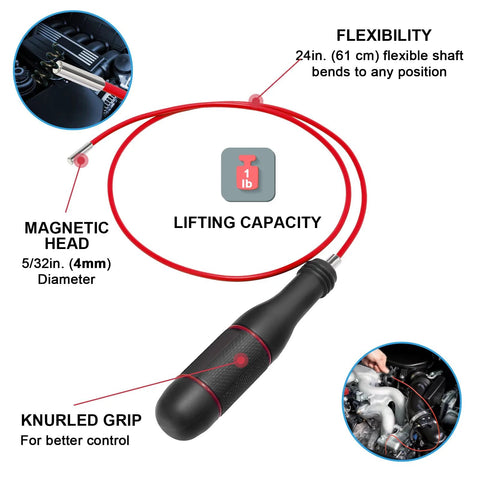 VASTOOLS magnetic pickup tool set with 28in red flexible shaft, knurled grip, magnetic head 4mm/7mm and mini magnetic tray