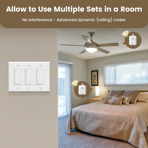 Bedroom with Wireless Light Switch And Receiver Kit No Wiring Or WiFi Needed With 100Ft Range and ceiling fan control