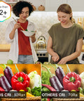 Comparison of fruit and vegetable colors under Dope COB LED Strip Lights Waterproof IP67 DC24V 6000K Daylight vs standard 70Ra CRI lighting.