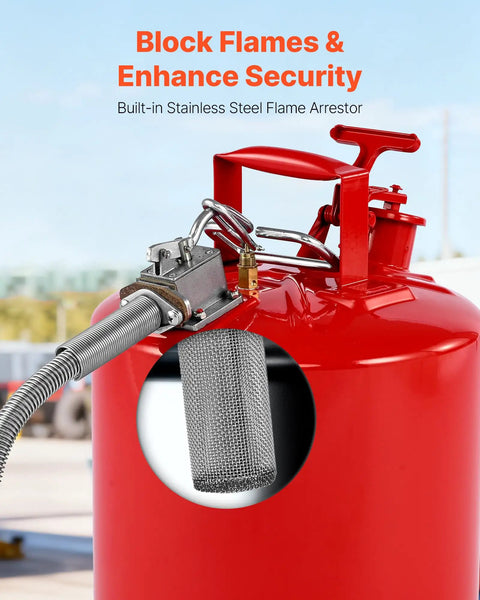 Rock Solid 5 Gallon Safety Gas Can Heavy Duty Type II Fuel Container With Stainless Flame Arrestor Zero Drip Auto Closing Lid And Adjustable Metal Spout Carbon Steel Jerry Can For Home Garage Refueling