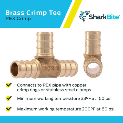 Half Inch Brass Crimp Tee Pipe Fitting Pack Of 10 For PEX And PE RT Systems Go To Full Flow Tee Connector with features