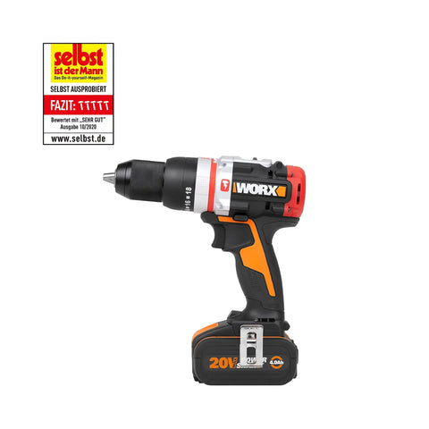 Brushless Cordless Hammer Drill With Two 20 Volt Batteries And Active Hammer Action For Concrete Masonry And Wood, side view.