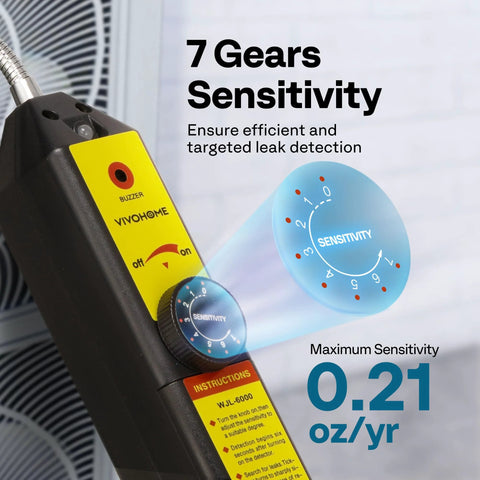 VIVOHOME HVAC refrigerant leak detector with LED indicator and blue sensitivity dial, front view.
