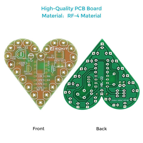 Front and back of Totally Heart Shaped DIY LED Light Kit Set With Flashing LEDs Soldering Practice Project In Red Green White Three Color PCB Kit