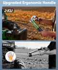 J-KU grease gun with green metal body, pistol-grip handle and flexible hose for automotive use