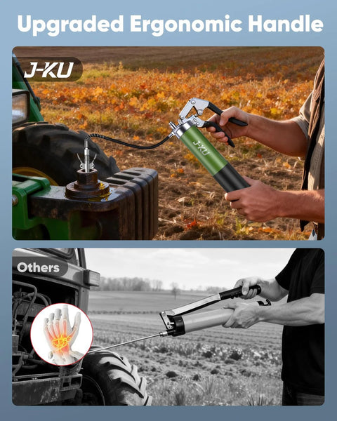 J-KU grease gun with green metal body, pistol-grip handle and flexible hose for automotive use