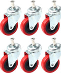 Heavy Duty 2.5 Inch Swivel Caster Wheels Six Pack for creeper carts and service posts with 360-degree swivel, red polyurethane.