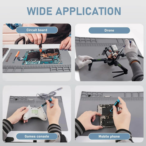 Magnetic Silicone Soldering Mat For Electronics Repair, Heat Resistant Work Pad With Magnetic Tray in use with various electronics.