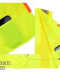Fresh Two Tone Safety Vest Loaded With Bold Reflective Strips And Roomy Pockets For Guaranteed High Visibility Wrapped In Cool Airflow Mesh showing side pocket with smartphone.