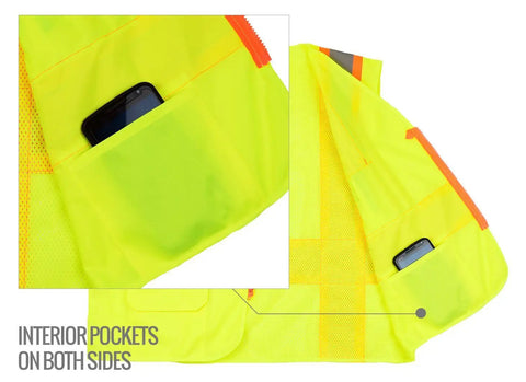 Fresh Two Tone Safety Vest Loaded With Bold Reflective Strips And Roomy Pockets For Guaranteed High Visibility Wrapped In Cool Airflow Mesh showing side pocket with smartphone.