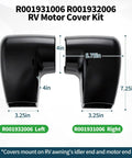 Two Pack RV Awning Motor and Idler End Cover Kit Black for RV Awnings Includes Left and Right Side Covers Compatible With Altitude and Compass TAJVAP 46JVAP R001931006 R001932006 showing left and right covers with dimensions labeled.