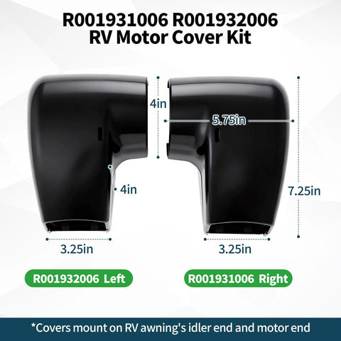 Two Pack RV Awning Motor and Idler End Cover Kit Black for RV Awnings Includes Left and Right Side Covers Compatible With Altitude and Compass TAJVAP 46JVAP R001931006 R001932006 showing left and right covers with dimensions labeled.