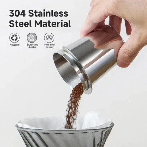 Stainless Steel 51mm Coffee Dosing Cup For Espresso Machines pouring coffee grounds into filter