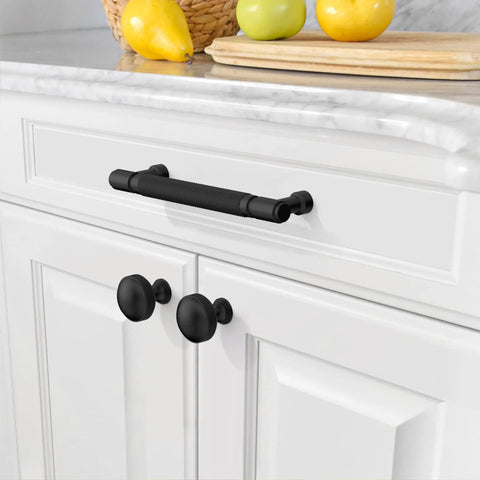 Heavy Duty Matte Black Knurled Cabinet Pulls, Five Inch Center To Center, Ten Pack Slick Modern Drawer Handles For Kitchens on white cabinets.