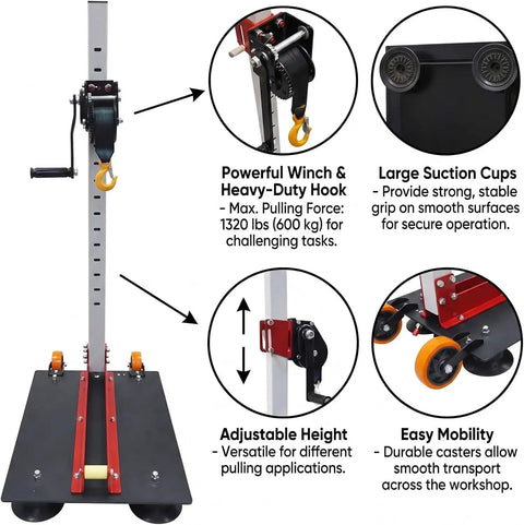 Pneumatic Car Dent Repair Puller Tool Kit With Five Strong Suction Cups, featuring a powerful winch, large suction cups, adjustable height, and easy mobility.