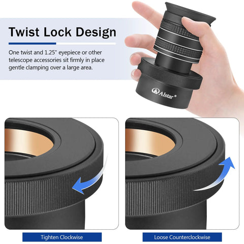 Hand gripping 2 Inch To 1.25 Inch Twist Lock Telescope Adapter For Eyepieces - Convert 1.25 Inch Eyepieces To A 2 Inch Focuser With Self Centering Aluminum And Precision Positive Lock For High Power Viewing with close-ups of twist mechanism.