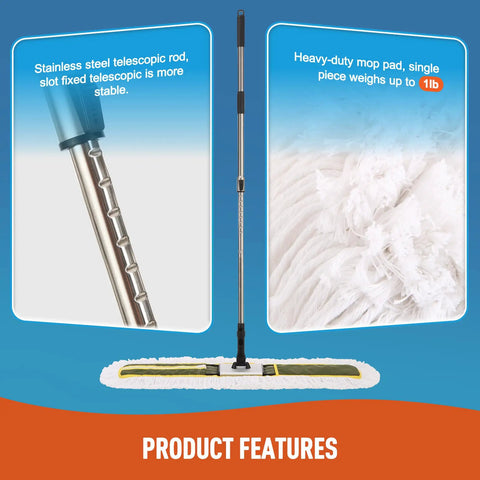 Built Tough 36 Inch Commercial Dust Mop With Telescoping Handle For Hardwood Floors Tile Laminate And Concrete showing stainless steel handle and mop pad.