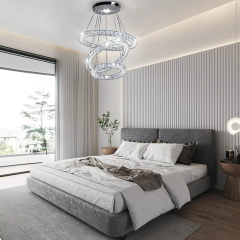 Modern Crystal Chandelier With Three Ring Pendant Lights LED Ceiling Fixture In Stainless Steel Non Dimmable Cool White 6500K