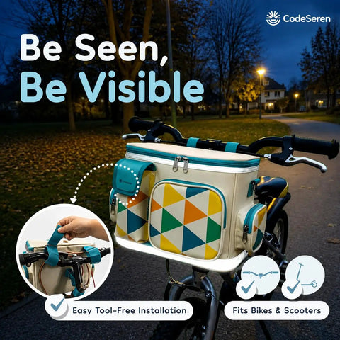 Insulated Kids Bike Basket With Two In One Handlebar And Shoulder Bag, mounted on bike, easy tool-free installation, night view