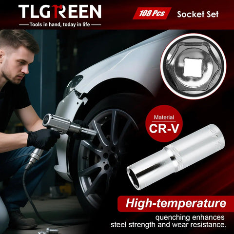 Mechanic using 108 Piece Workhorse Mechanic Socket Tool Kit With CR V Steel Sockets on car tire
