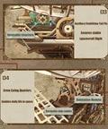 Diagram of 3D Wooden Airship Puzzle For Adults, Steampunk Vibe Fantasy Model Kit showing rotatable structures and habitation module