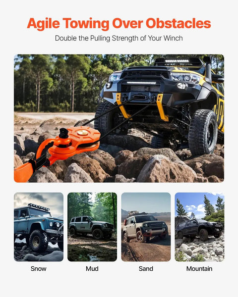 10 Ton Winch Snatch Block For Off Road Recovery, Beefy And Heavy Duty Block And Tackle Pulley System With 22,000 Lbs Breaking Strength, Fits 0.4 To 0.55 Inch Rope, Rugged Recovery Accessory For Trucks ATVs UTVs, orange winch block on rocky trail