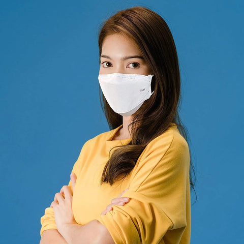 Woman wearing White KF94 Face Mask 4 Layer Protection Premium All Day Comfy For Adults Individually Packaged Made In Korea