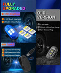 Comparison of upgraded and old versions of Four Pack Wireless LED Lights for Car with Remote, showing features and brightness increase.