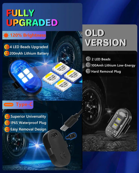 Comparison of upgraded and old versions of Four Pack Wireless LED Lights for Car with Remote, showing features and brightness increase.
