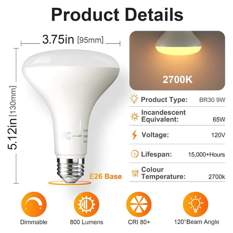 12 Pack Br30 Flood Light Bulbs For Indoor Recessed Fixtures Soft White 2700K detailed product info with dimensions and features.