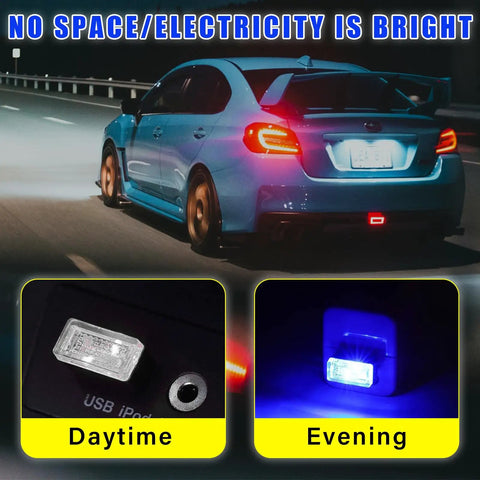 USB Car Interior Atmosphere Light Kit, 4 Pack Plug In Ambient LED Night Lamps For Most Cars, blue car glowing at night