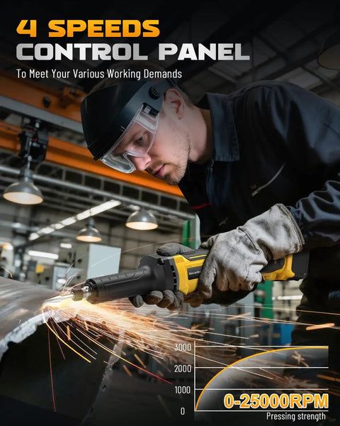 Built Different Cordless Die Grinder Compatible With Dewalt 20V Max Batteries with 4-speed control panel and sparks during rust removal.